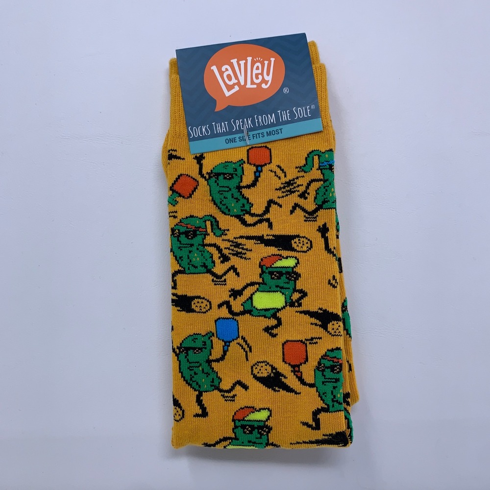 Lavley Adult OS Mustard Yellow Pickleballer Graphic Crew Socks NWT